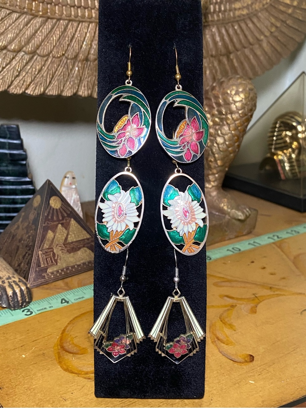 Vintage Floral Enamel Drop Earrings - Green & Pink